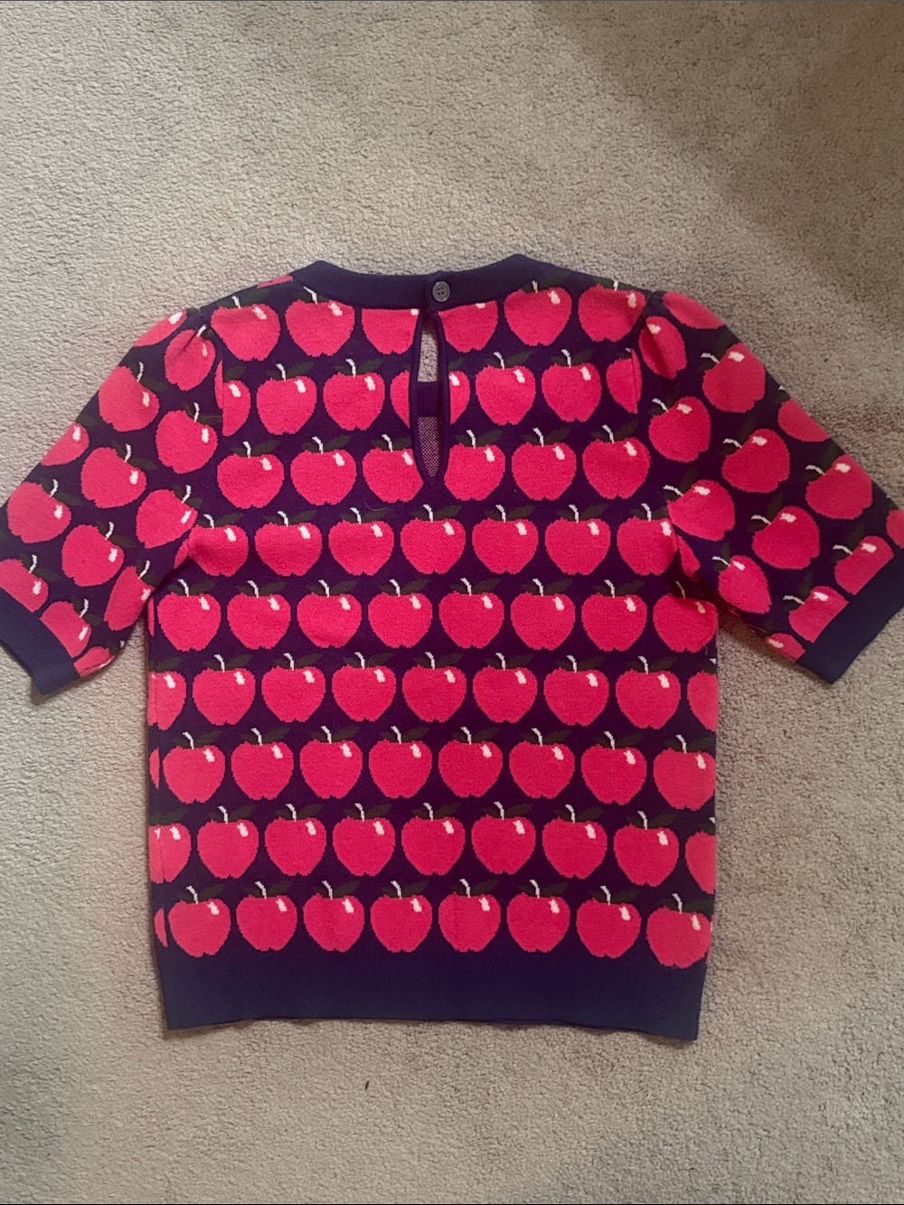 Anthropologie Maeve Navy Short-Sleeve Sweater with Red Apple Motif! - Picture 2 of 8